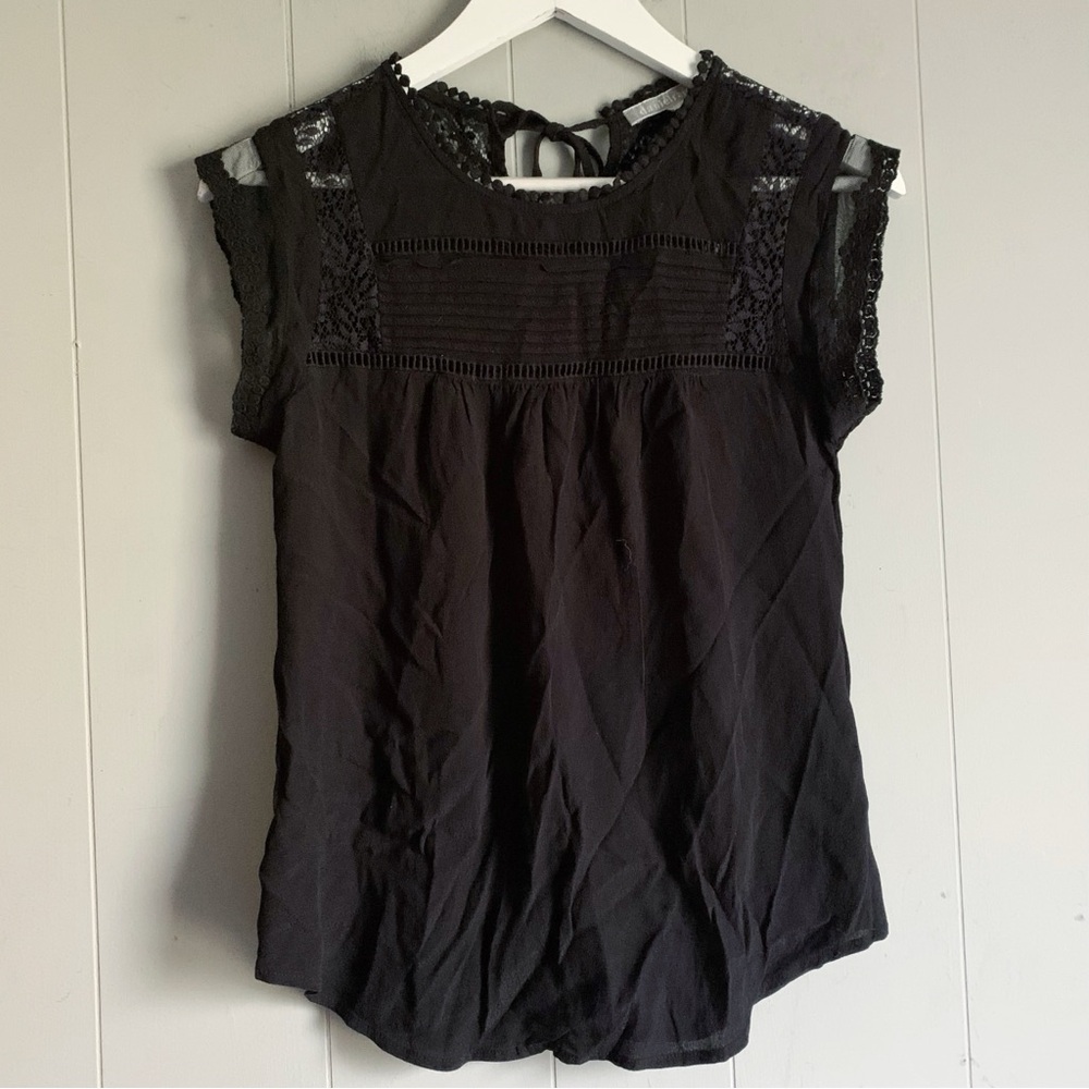 Daniel Rainn Black Semi-Sheer Lace Up Collar Pin Tuck Peasant Blouse XSP